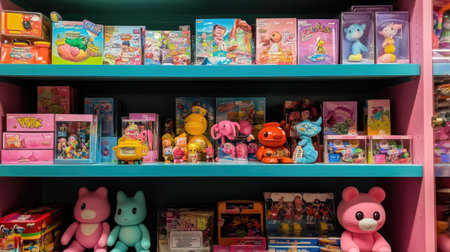A vibrant display of vintage toys and figures arranged on a colorful shelf, inviting nostalgia and joyful memories for children and collectors alike.の素材