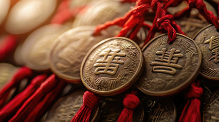 Detailed close-up of traditional Chinese coins adorned with vibrant red tassels, symbolizing prosperity and good fortune. Perfect for cultural and decorative themes.の素材