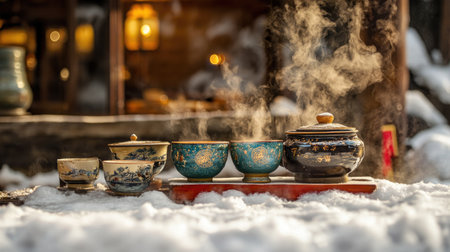 A traditional tea set featuring colorful cups and a pot sits on a snowy surface, with steam rising to create a warm, inviting atmosphere in winter.の素材