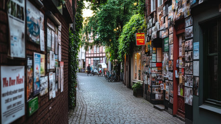 Discover a serene narrow alleyway adorned with vibrant photography posters and lush greenery, inviting exploration in a charming urban setting.の素材