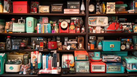Colorful vintage collectibles carefully arranged on a dark wooden shelf create a nostalgic display. This vibrant setup showcases unique decor pieces and retro items.の素材