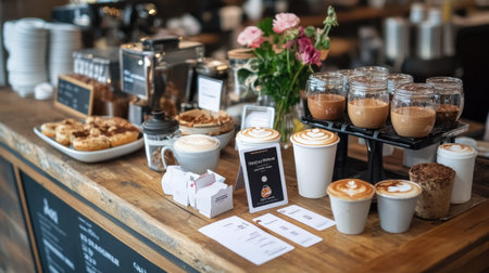A cozy coffee shop scene featuring an array of drinks and pastries. Enjoy the inviting atmosphere with beautiful flowers and delicious treats on display.の素材