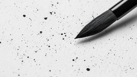 Close-up image featuring a fine paintbrush resting on a white surface with black ink splashes, showcasing artistic tools and creative potential for designers.の素材