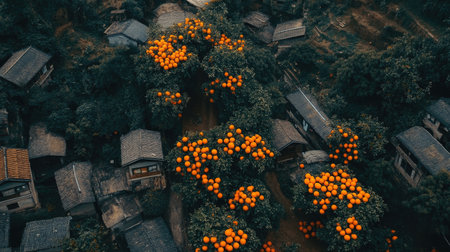 An evocative aerial image showcasing a thriving orange grove filled with vibrant fruits. The peaceful rural landscape offers a glimpse into nature's beauty and agricultural abundance.の素材