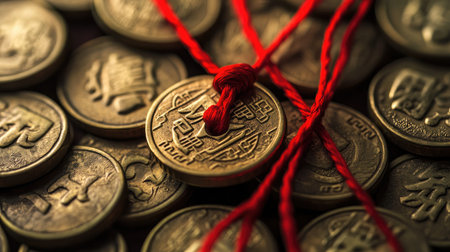 A close-up view of ancient coins intertwined with a red thread, representing wealth and prosperity. The intricate details highlight their cultural significance.の素材