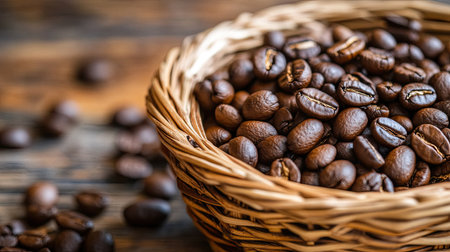 A closeup view of freshly roasted coffee beans in a rustic woven basket, showcasing their rich texture and warm brown color, perfect for coffee lovers.の素材