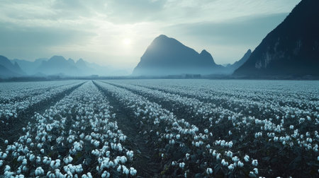 This serene landscape captures a cotton field in full bloom, with majestic mountains in the background and a soft sunset lighting up the sky. Perfect for nature themes.の素材