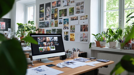 A well-lit creative workspace featuring a computer, organized desk, and a gallery wall filled with inspiring photos and art, surrounded by vibrant plants.の素材