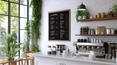 A stylish coffee shop interior featuring a chalkboard menu on a brick wall, wooden shelves filled with coffee supplies, and lush green plants, creating a welcoming atmosphere.の素材