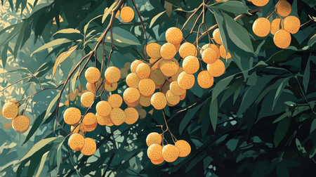 A vibrant display of bright yellow fruits clusters on a lush green tree branch, showcasing nature's beauty and the bounty of the season under soft sunlight.の素材