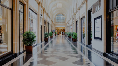 Stunning corridor of a luxury shopping arcade with classic architecture, elegant marble flooring, and fresh greenery, inviting shoppers into a stylish space.の素材