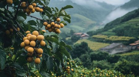 A close-up view of golden fruits hanging from tree branches, set against misty mountains. This serene landscape captures the essence of nature's bounty.の素材