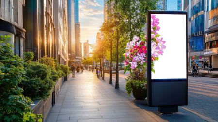 A picturesque urban street scene featuring a vibrant floral display beside a modern LED billboard at sunset. This image captures the essence of city life.の素材