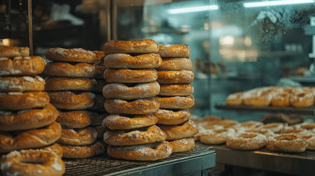A vibrant display of freshly baked bagels, showcasing various textures and toppings. Perfect for illustrating bakery culture and delicious breakfast options.の素材