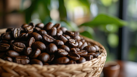 A close-up of freshly roasted coffee beans piled in a woven basket, surrounded by vibrant green plants, showcasing the warmth and richness of coffee culture.の素材