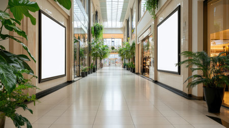 A tranquil indoor corridor in a shopping mall features sleek tiles and lush greenery. Blank display frames allow for creative marketing opportunities in a modern retail environment.の素材
