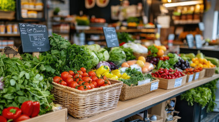 Vibrant display of fresh organic produce in a charming grocery store. Colorful fruits and vegetables showcase health, nutrition, and culinary variety.の素材