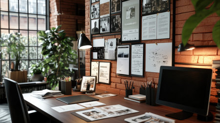 A cozy urban workspace featuring a stylish desk with plants, documents, and modern decor. Captured in warm tones with natural light streaming in. Perfect for inspiration.の素材