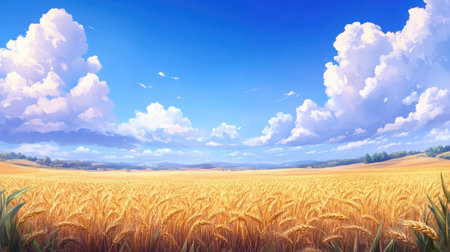 A picturesque golden wheat field stretches under a vibrant blue sky filled with fluffy white clouds, showcasing the beauty of nature and tranquility.の素材