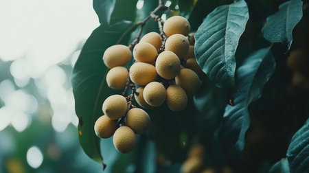 A vibrant cluster of fresh longan fruit hangs against lush green leaves, showcasing the beauty of nature. This tropical fruit is known for its sweet and aromatic flavor.の素材
