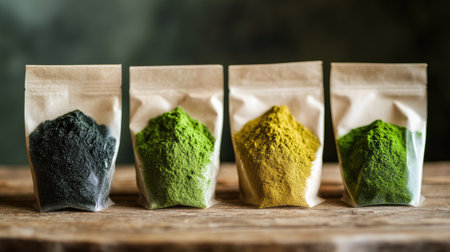 Four distinct natural powders, beautifully arranged in transparent bags, create a striking visual on a rustic wooden surface. Perfect for culinary exploration.の素材