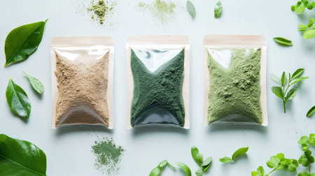 Display of three pouches containing natural powders with fresh leaves. Ideal for health, nutrition, and food-related projects, showcasing vibrant colors.の素材