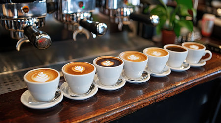 A beautiful arrangement of various coffee cups on a wooden bar counter, showcasing latte art. The espresso machine in the background enhances the cozy cafe ambiance.の素材