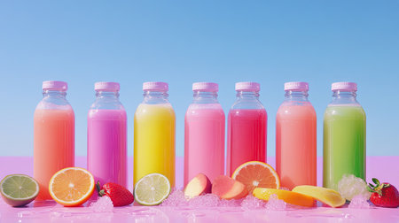 A vibrant display of colorful bottled drinks alongside fresh fruits like lemon, lime, and strawberries. Perfect for summer refreshment ideas and healthy living.の素材