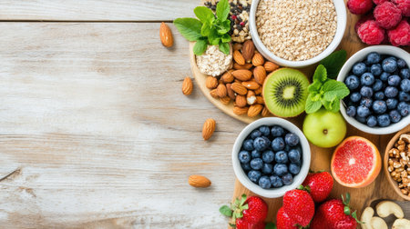 A vibrant arrangement of fresh fruits, nuts, and grains on a wooden surface, perfect for showcasing healthy eating, nutritious meals, and wellness lifestyles.の素材