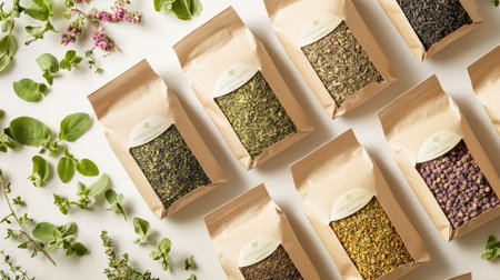A beautiful assortment of dried herbs in eco-friendly packaging displayed on a clean white backdrop, showcasing vibrant colors and textures ideal for culinary use.の素材