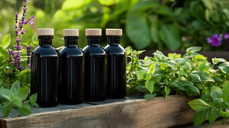 A beautiful arrangement of dark glass bottles with wooden caps, surrounded by vibrant herbs in a sunlit garden, perfect for promoting natural wellness and organic products.の素材