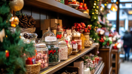 A charming display of festive jars and holiday ornaments fills the shelves, capturing the essence of Christmas with vibrant colors and cozy elements.の素材