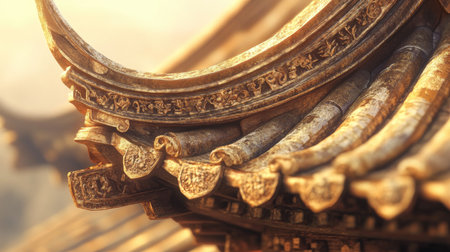Explore the exquisite details of an ancient roof design showcasing intricate craftsmanship. The warm sunlight emphasizes the beautiful textures and historical elements.の素材