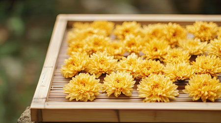 A beautiful arrangement of vibrant yellow chrysanthemums on a wooden tray, perfect for showcasing nature's beauty in a serene outdoor setting.の素材