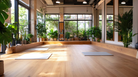 A serene indoor yoga studio filled with natural light and lush plants, featuring wooden floors and mats, creating an ideal space for wellness and mindfulness activities.の素材