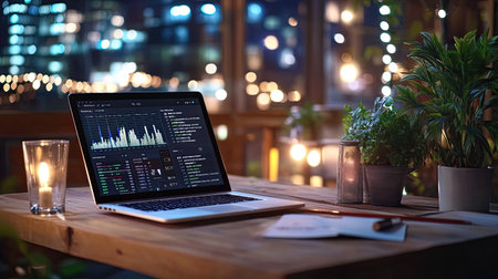 A modern workspace featuring a sleek laptop displaying financial data, a candle providing soft light, and a plant, creating a cozy atmosphere at night.の素材
