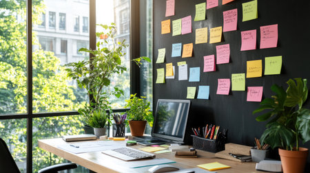 This image showcases a bright and cozy workspace featuring a desk adorned with sticky notes, stationery, and lush plants, creating an inspiring working environment.の素材