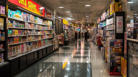 A vibrant shopping aisle filled with colorful displays of magazines and products, showcasing a lively retail environment bustling with consumers and various goods.の素材