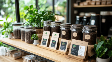 A modern cafe showcases fresh coffee beans in glass jars on a wooden table. Lush green plants add a vibrant touch, creating an inviting atmosphere for coffee lovers.の素材