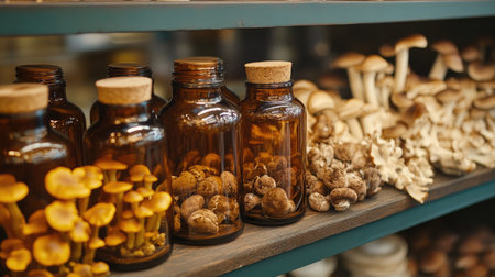 A captivating display of jars filled with preserved mushrooms alongside fresh varieties on a rustic shelf. Perfect for culinary inspiration.の素材