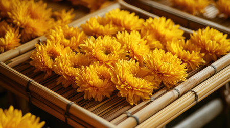 A stunning display of vibrant yellow chrysanthemums beautifully arranged in baskets. This still life showcases the cheerful essence of nature, perfect for decoration or seasonal events.の素材