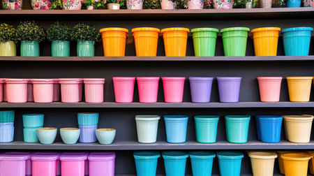 Brightly colored flower pots arranged neatly on shelves create a joyful atmosphere. Perfect for gardening enthusiasts and decor lovers seeking inspiration.の素材