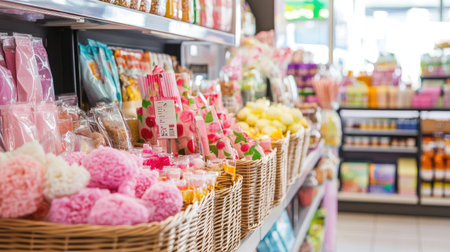 A vibrant candy shop display showcasing an array of sweets and snacks in colorful baskets. Perfect for conveying a joyful and indulgent atmosphere of a delightful retail space.の素材