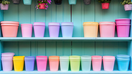 A vibrant display of pastel pots arranged on shelves against a blue background, perfect for gardening enthusiasts and home decorators seeking cheerful accents.の素材