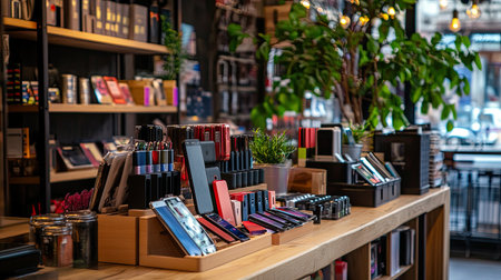 A vibrant display of cosmetics and beauty products organized neatly in a modern retail shop. The arrangement features colorful lipsticks, brushes, and mirrors, creating an appealing shopping atmosphere.の素材