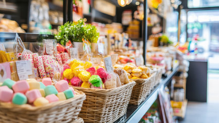 A vibrant assortment of colorful sweets and candies displayed in a charming bakery shop, showcasing a welcoming atmosphere filled with delightful treats.の素材
