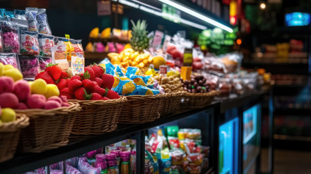 A vibrant grocery store display showcasing fresh fruits and snacks in baskets. The colorful arrangement invites shoppers to explore a variety of healthy options.の素材