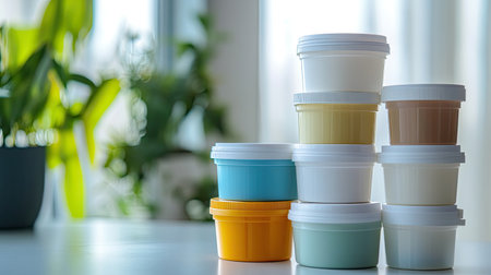 A vibrant arrangement of colorful containers stacked on a table, surrounded by natural light, showcasing an aesthetic of organization and creativity in home decor.の素材
