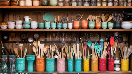 A vibrant display of colorful kitchen utensils and decorative jars arranged on a wooden shelf. This collection emphasizes functionality and aesthetic charm in cooking.の素材