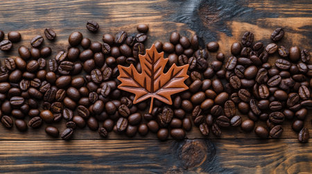 A captivating arrangement of coffee beans on a wooden surface, featuring a decorative maple leaf, evoking warmth and organic beauty perfect for any coffee-themed project.の素材